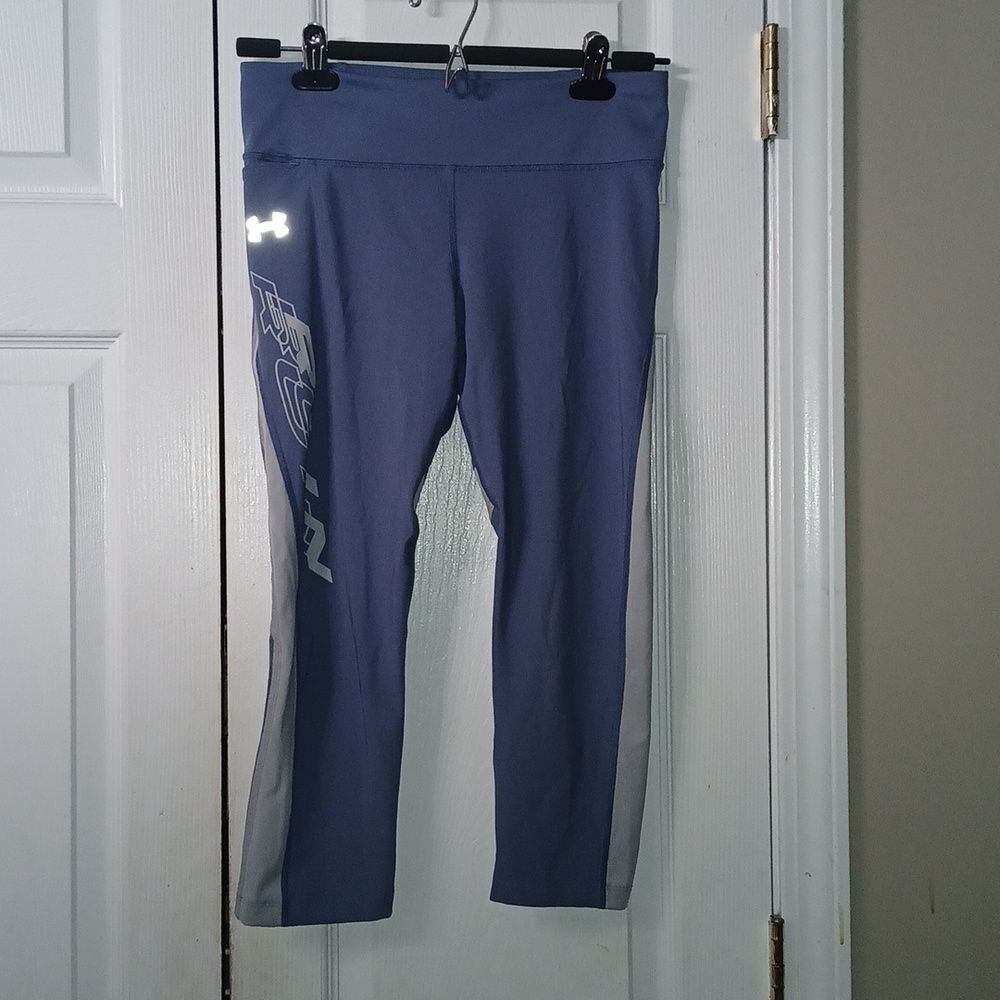 UNDER ARMOUR WOMENS HEATGEAR COMPRESSION MILEAGE GRAPHIC CAPRI BLUE Sz M NWOT